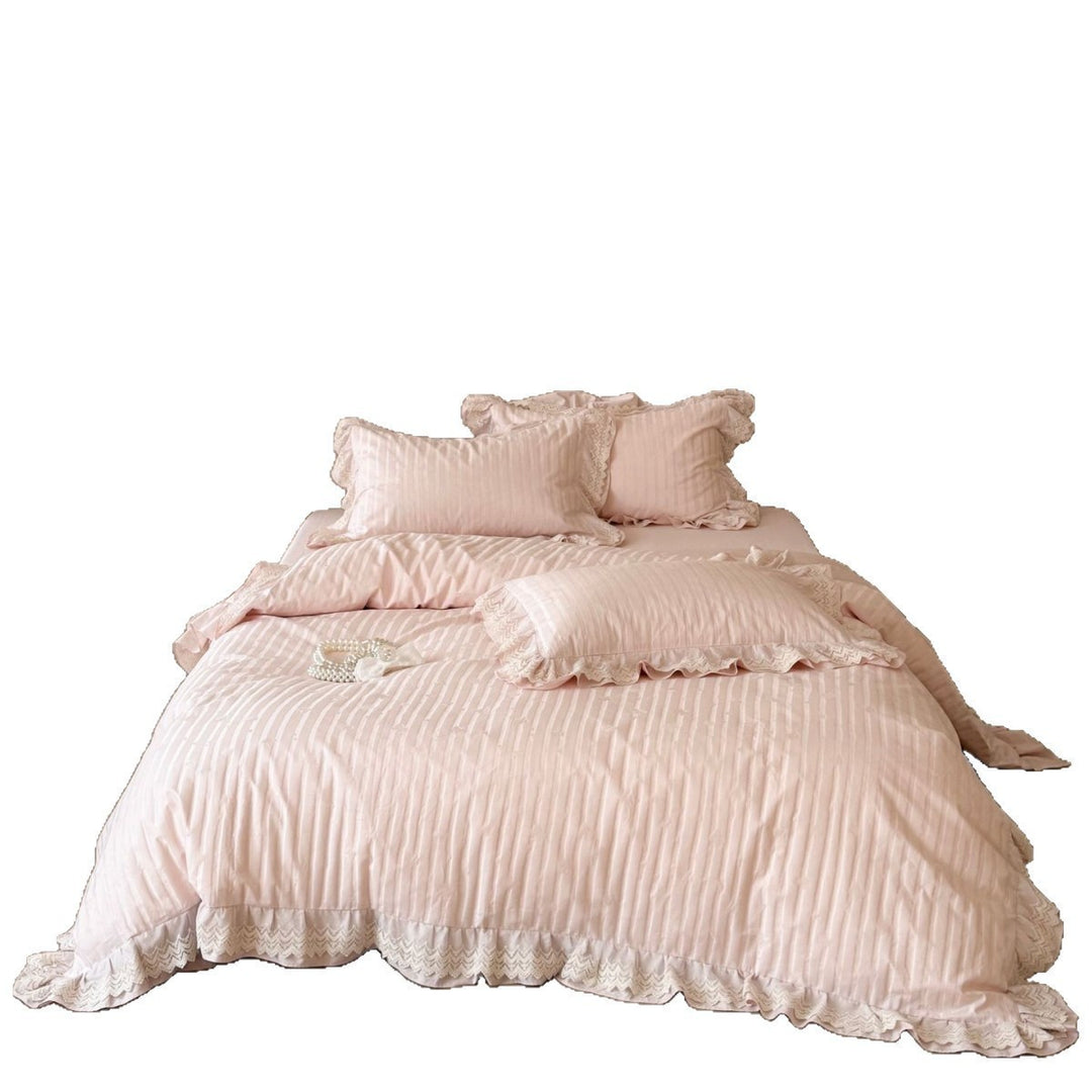 Ruffled Lace-Trim Cotton Sateen Striped Duvet Cover Set