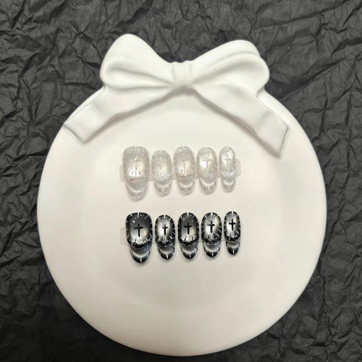 Artistic Press-On Nail Set with Unique Cross Designs