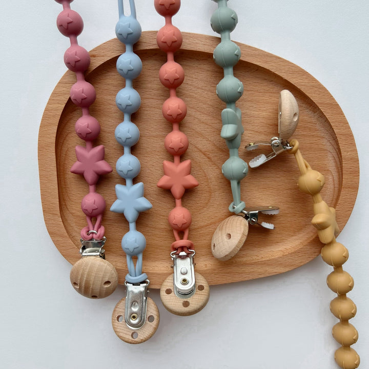 Silicone Star-Bead Pacifier and Teether Clip with Wooden Safety Clamp