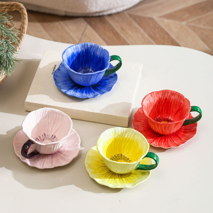 Ceramic mug with saucer in flower shape
