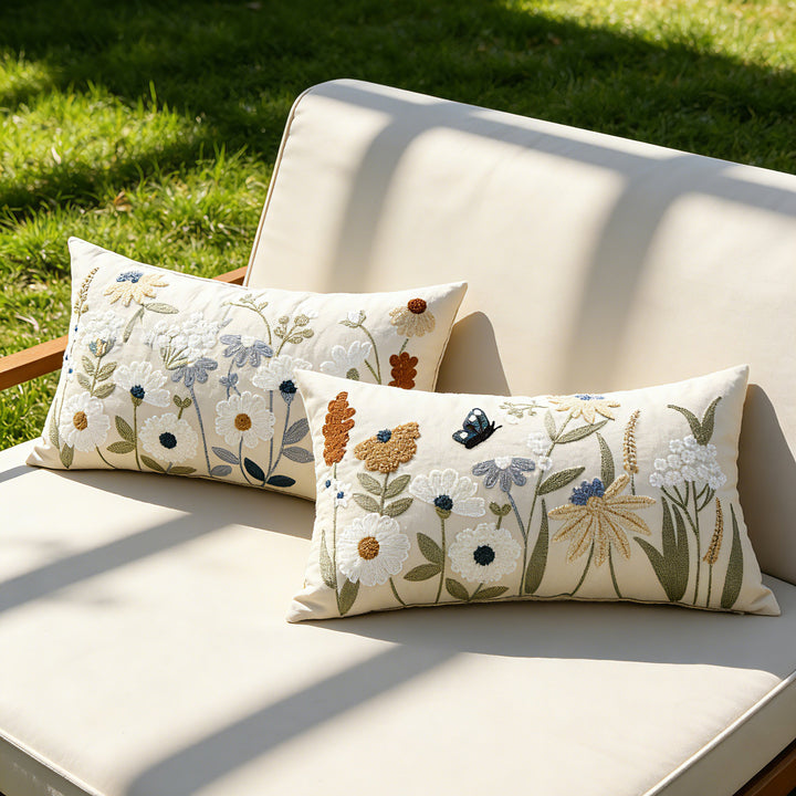 Hand-Embroidered Meadow Motif Linen-Blend Lumbar Cushion Cover