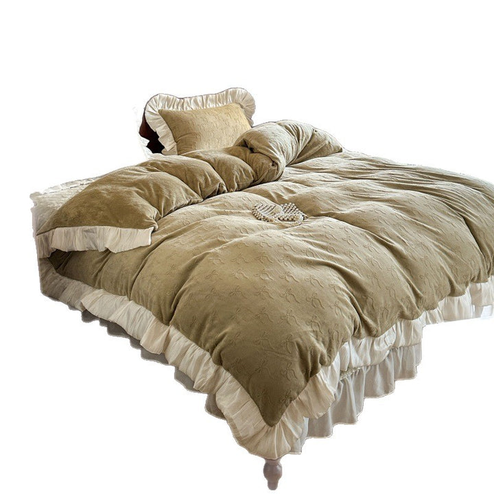 Embroidered Plush Velvet Ruffled Duvet Cover Set with Pleated Skirt