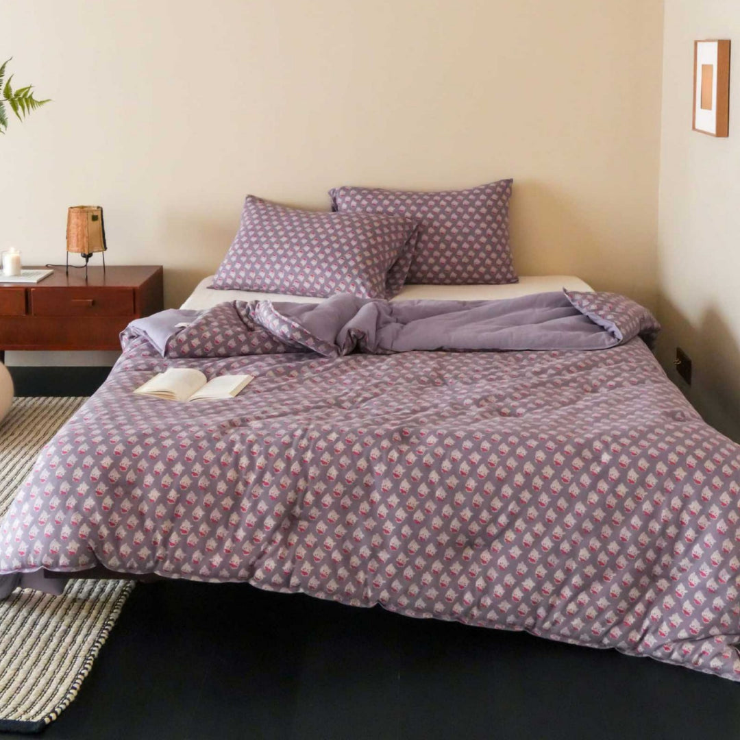 Floral Printed Cotton Duvet Cover Bedding Set with Reversible Lined Comforter Panel and Envelope Pillowcases