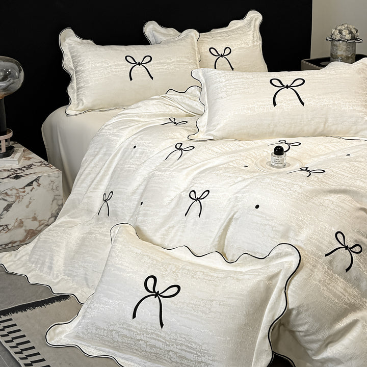 Satin-Weave Embroidered Bow Duvet Cover and Shams Set