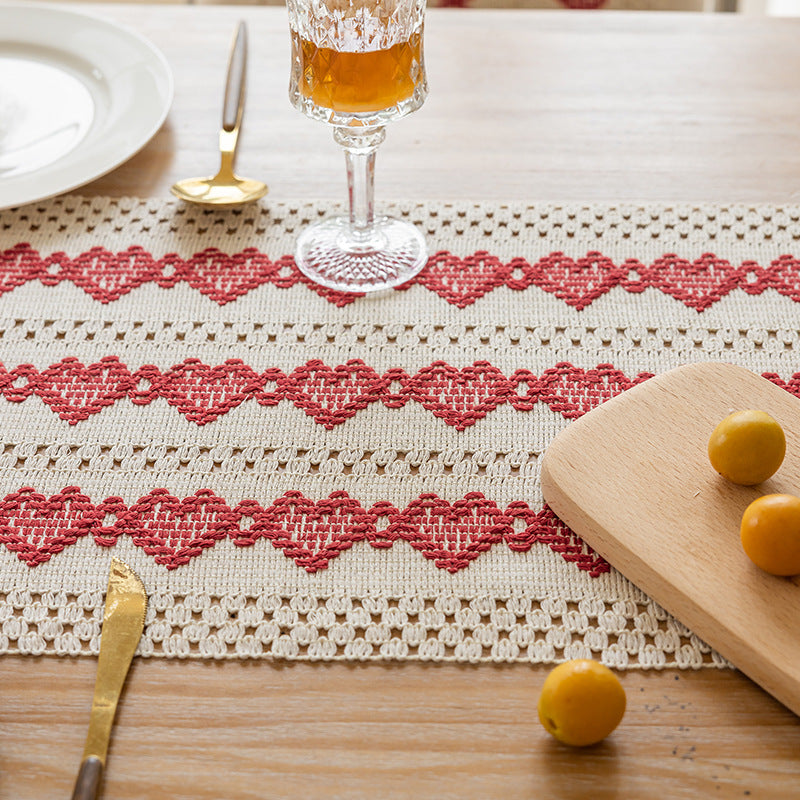 Handwoven Cotton Table Runner with Red Geometric Heart Stripe and Knotted Tassel Fringe