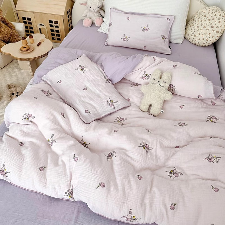 Muslin Cotton Quilted Duvet Cover Set with Whimsical Animal Print and Piped Edge