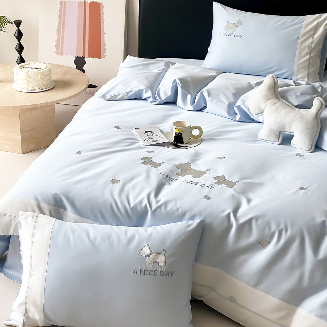 Cute Embroidered Dog Motif Cotton Sateen Duvet Cover Set with Heart Border and Pillow Shams