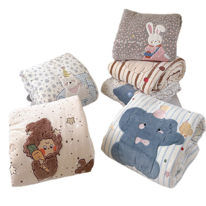 quilted cuddly blanket with 3D rabbit applique and floral microfiber cover
