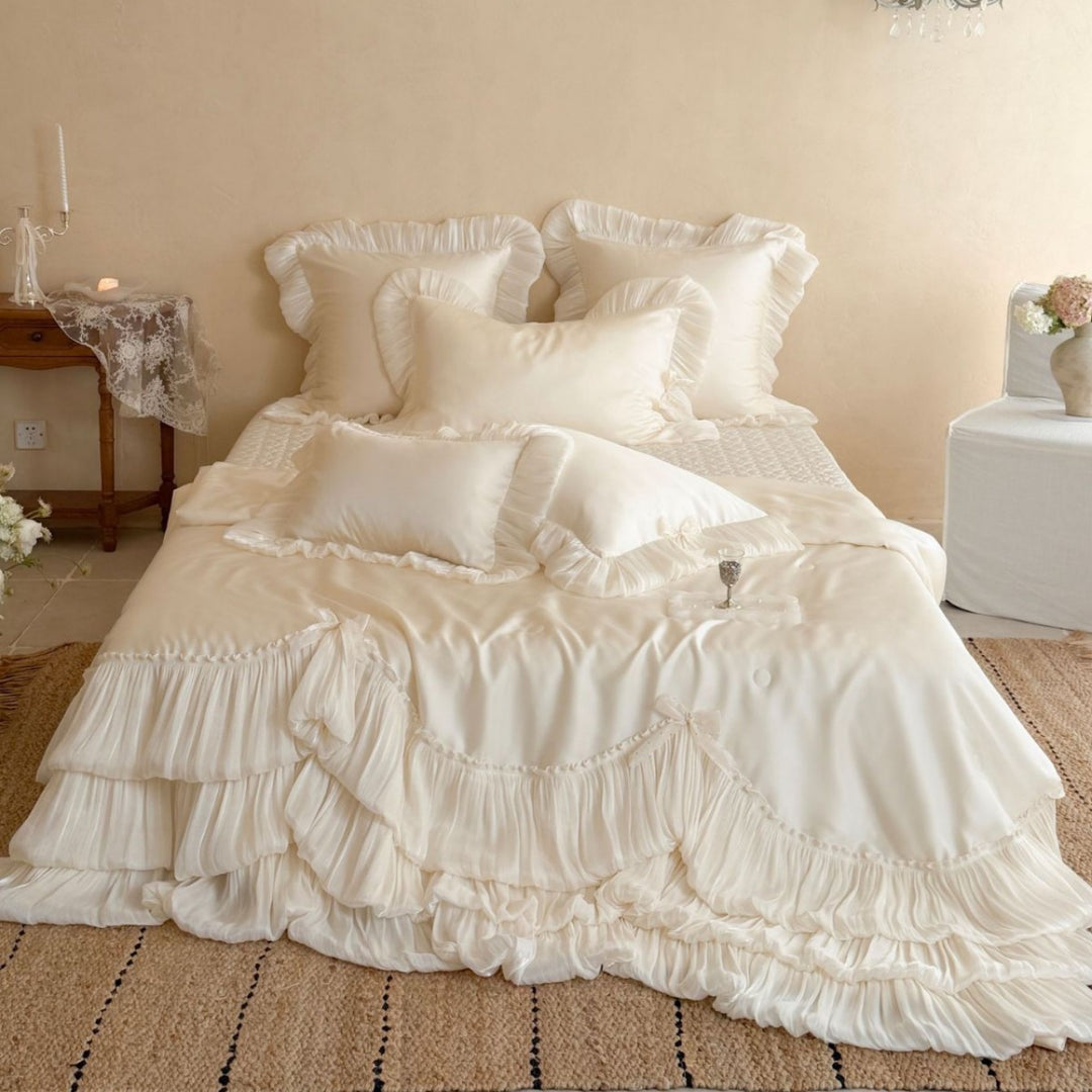 Ruffled Layered Satin Bedspread and Pillow Sham Set with Frilled Edges