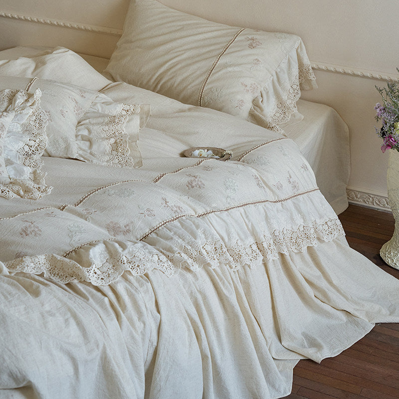 Embroidered Cotton-Linen Ruffled Duvet Cover Set with Lace-Trim and Deep-Fit Skirt