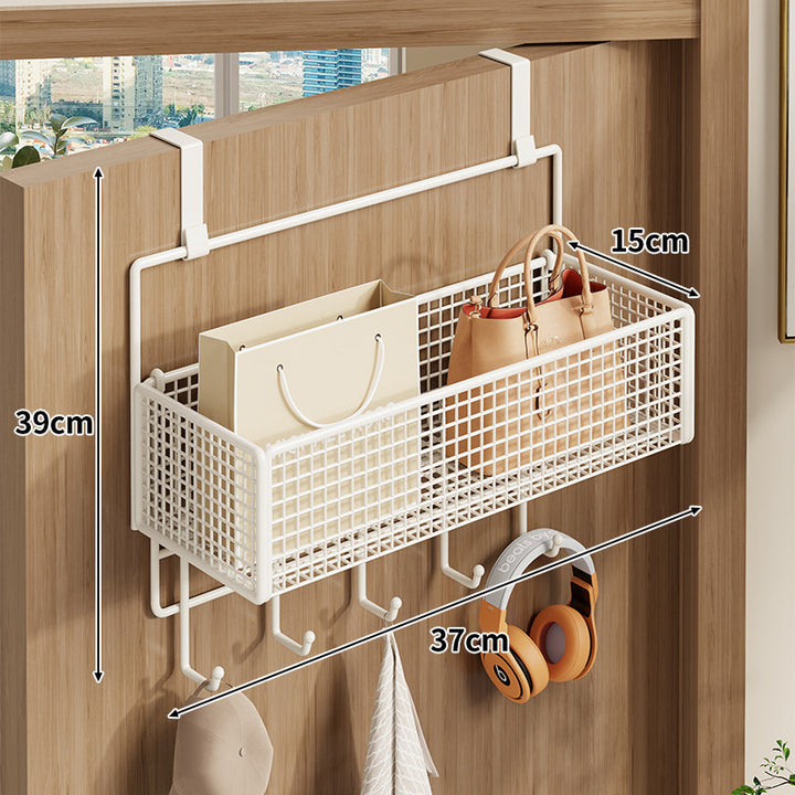 Over-Door Double-Tier Wire Mesh Storage Rack with Utility Hooks