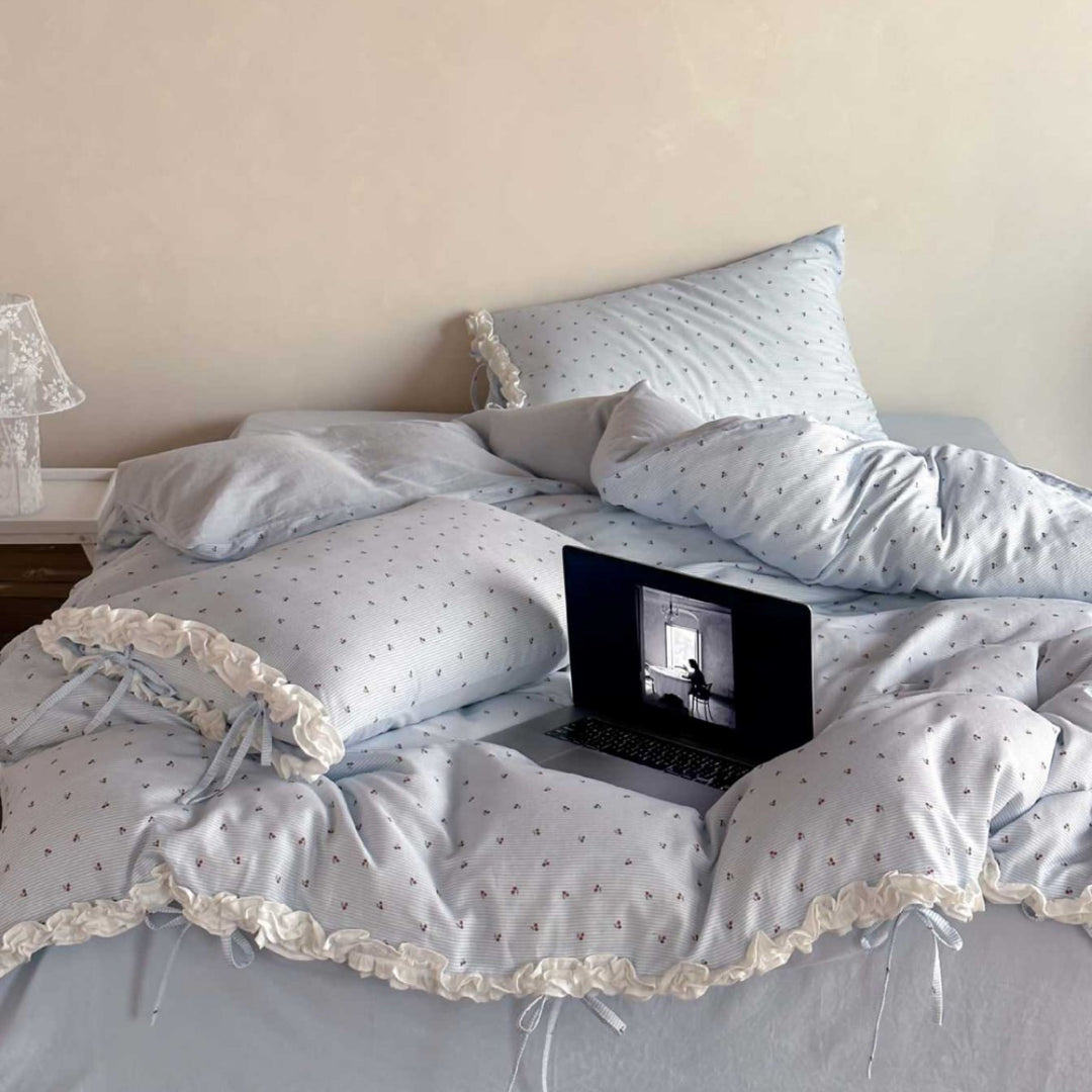 Romantic bedding set with frill, fine cherry pattern, and soft woven cotton