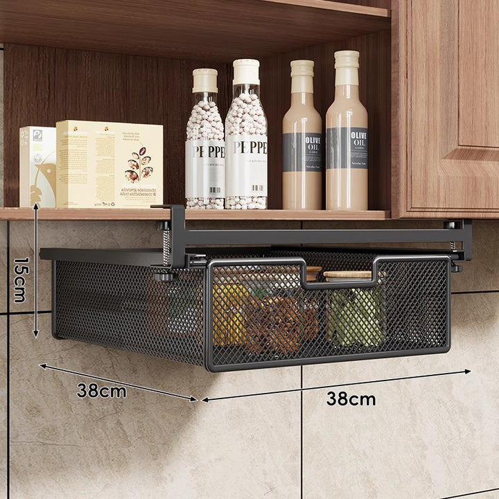 Under-Shelf Slide-Out Metal Mesh Pull-Out Storage Drawer with Adjustable Clamp