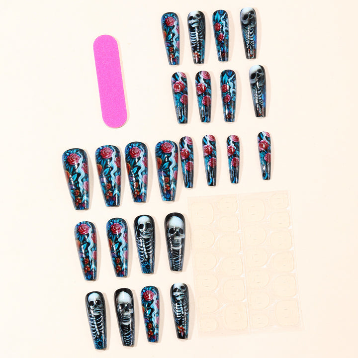 Gothic Skeleton-Themed Acrylic Nail Art Extensions Stornfield
