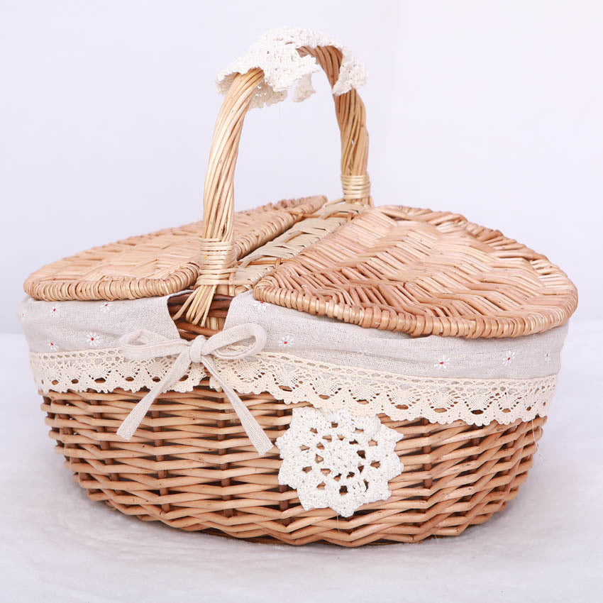Women's braided basket with checkered fabric insert and decorative lace embellishment Stornfield