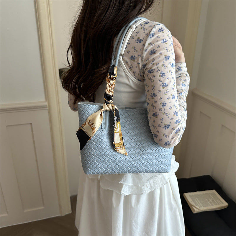 Woven Leather Tote Bag with Decorative Scarf