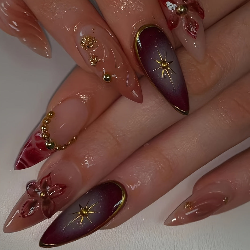 Artistic Stiletto Press-On Nails with Floral and Star Designs Stornfield