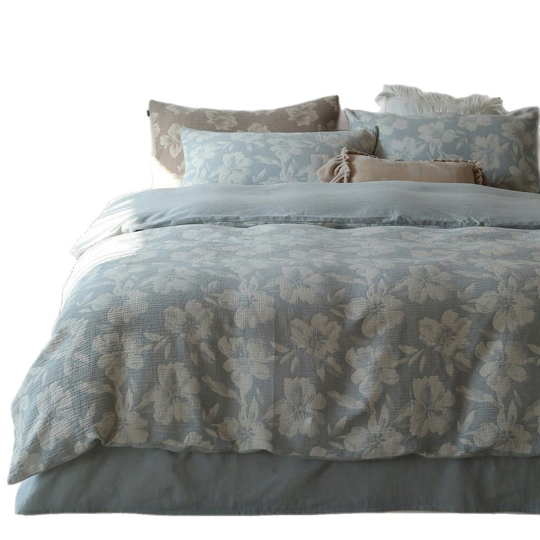 Textured Cotton Floral Duvet Cover Set with Quilted Pillowcases