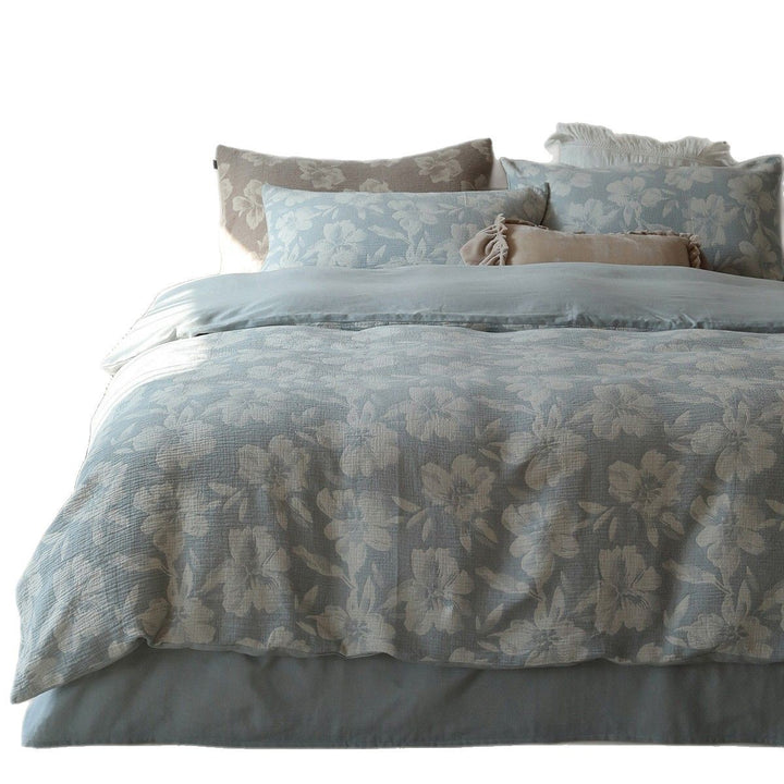 Textured Cotton Floral Duvet Cover Set with Quilted Pillowcases