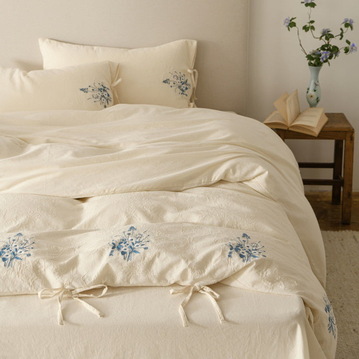 Cotton-Linen Embroidered Duvet Cover Set with Tie-Closure Pillowcases