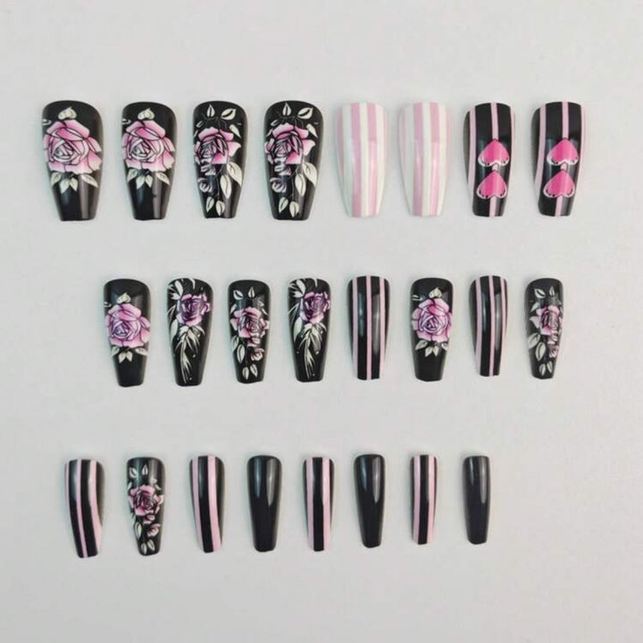 Artificial nail set with romantic rose and heart designs Stornfield