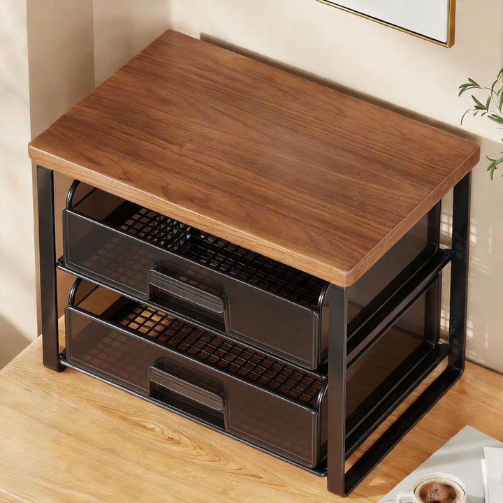 Compact Two-Basket Metal Mesh Countertop Organizer with Natural Wood Top