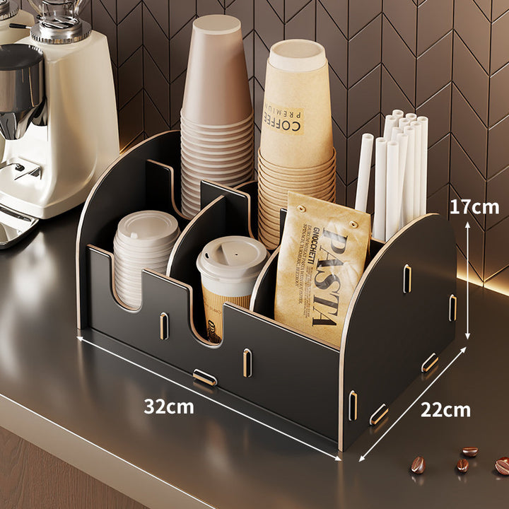 Modular Bamboo Countertop Coffee Station Organizer with Multi-Compartment Cup Lid and Straw Dispensers