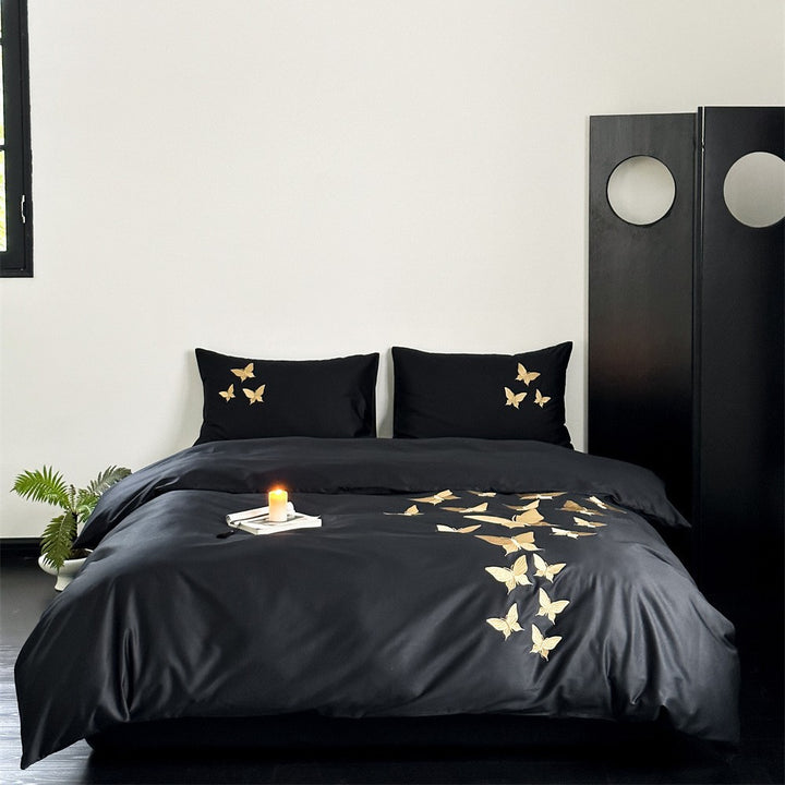 Luxury Cotton Sateen Duvet Cover Set with Gold Butterfly Embroidery