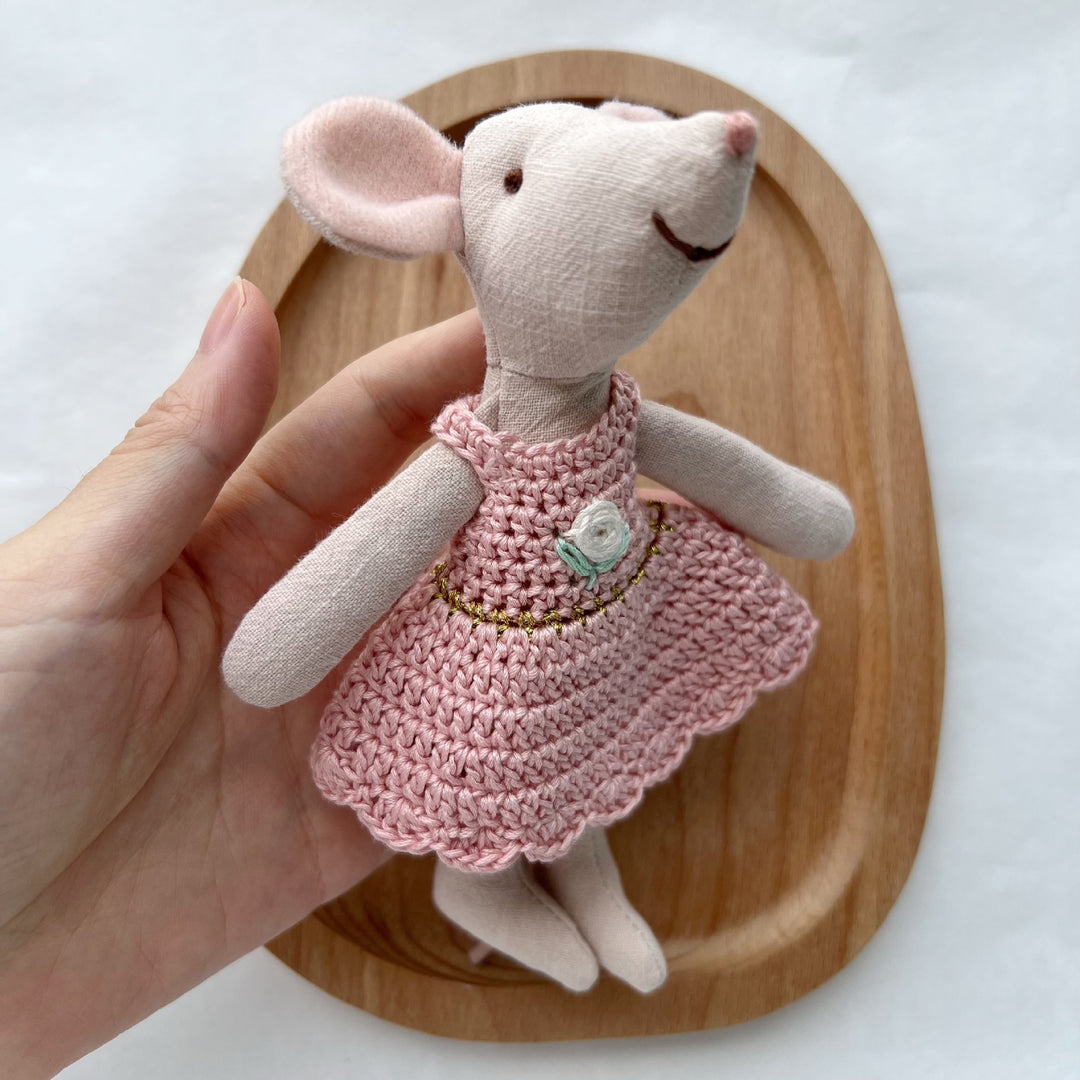 Miniature Hand-Sewn Linen Mouse Soft Toy with Crocheted Dress