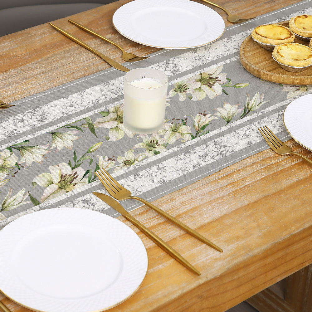 Linen-Blend Watercolor Floral Botanical Table Runner with Stain-Resistant Finish and Hemmed Edges
