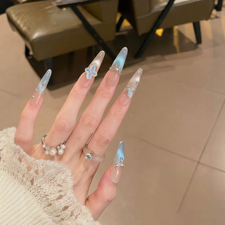 Artistic Press-On Nail Set with Floral and Gemstone Accents Stornfield