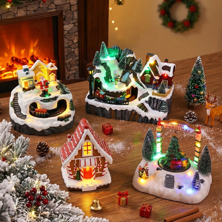 Illuminated Christmas village decoration with moving figures Stornfield