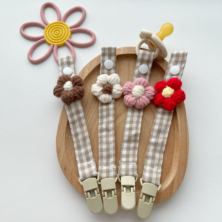 Gingham Linen-Style Crochet Flower Pacifier and Teether Clip