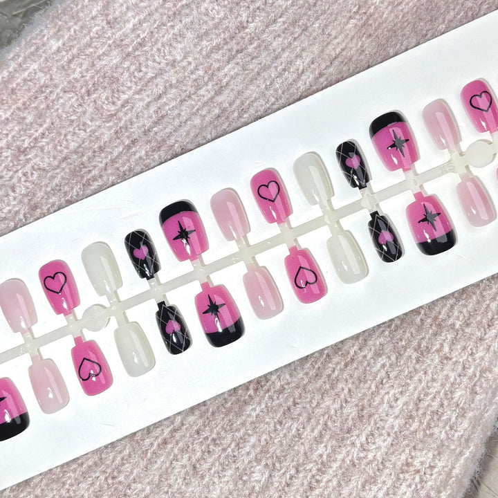 Themed Press-On Nail Set with Heart and Star Designs