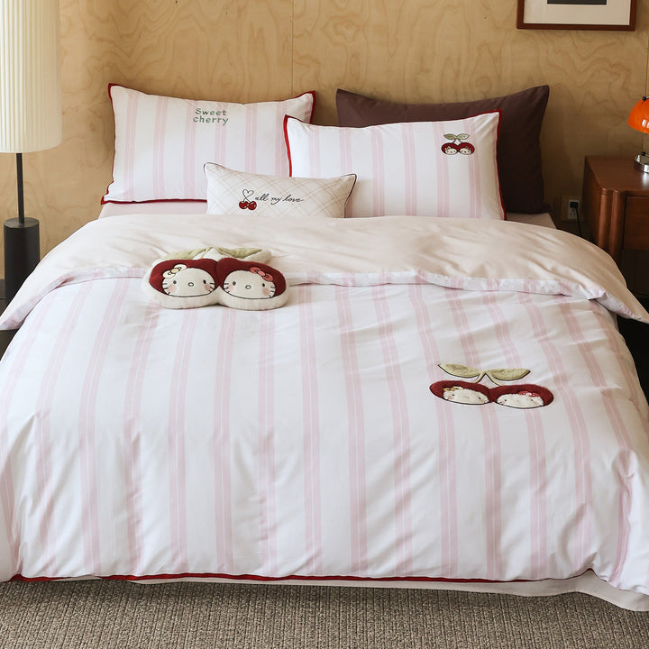 Embroidered Dog Appliqué Cotton Duvet Cover Set with Reversible Striped Panel & Pillowcases