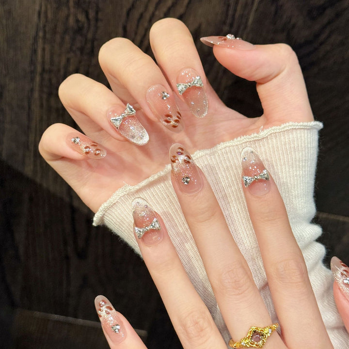 Decorative Press-On Nail Art Set with Glittering Bow Accents
