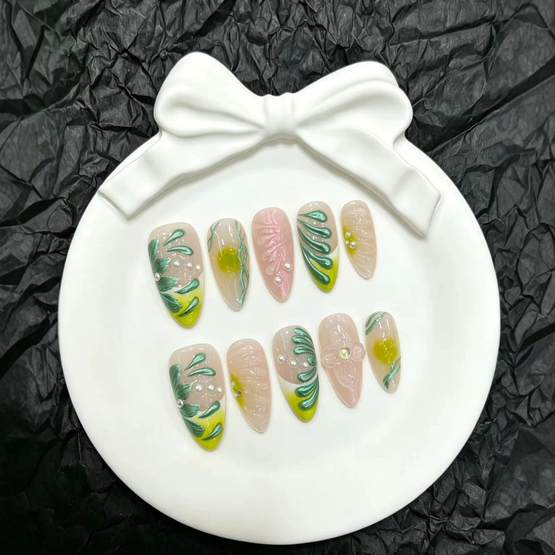 Decorative Press-On Nail Art Set with Floral and Botanical Designs