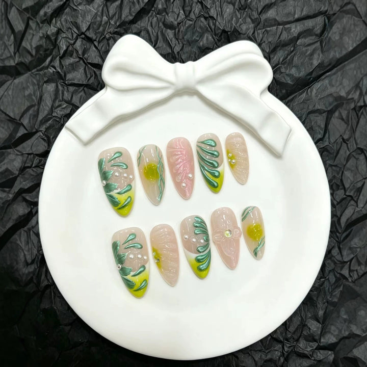 Decorative Press-On Nail Art Set with Floral and Botanical Designs