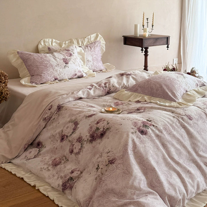 Vintage Rose Print Ruffled Bed Linen Duvet Cover and Sham Set