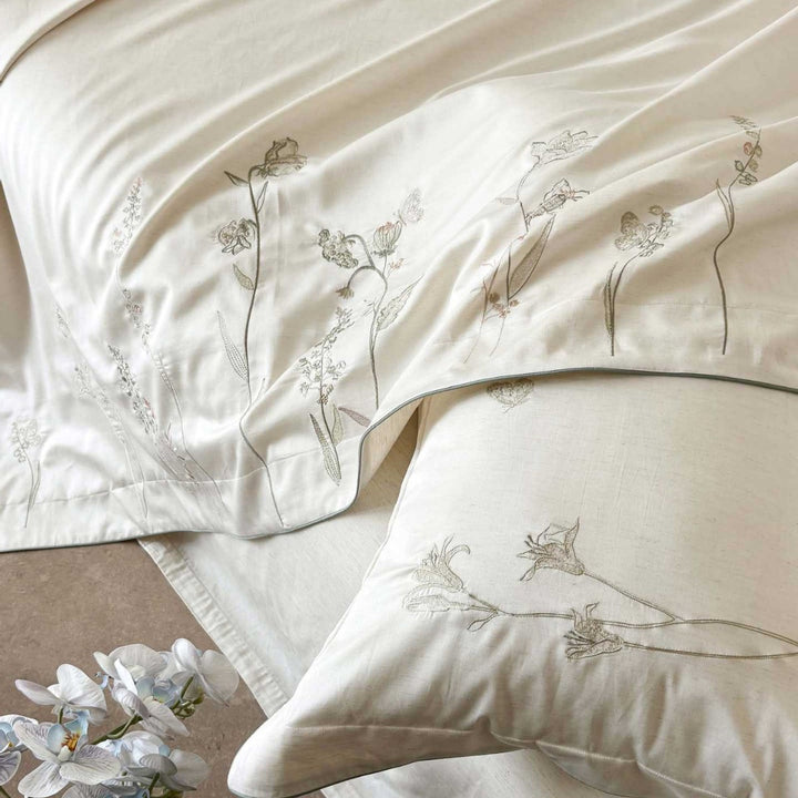 Reversible Botanical Line-Drawn Embroidered Cotton Sateen Duvet Cover Set with Hidden Closure