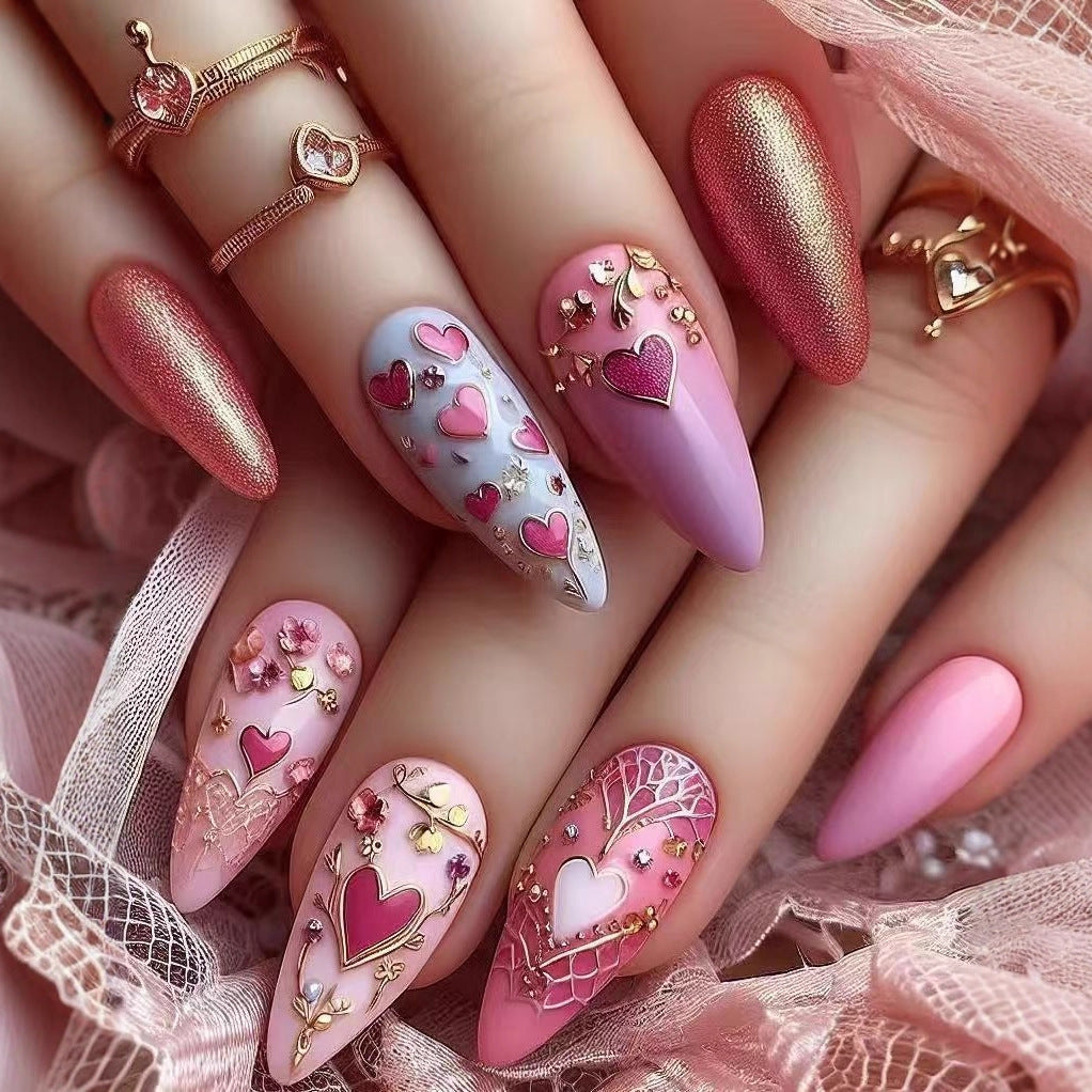 Artificial nail set with romantic heart and floral decorations Stornfield