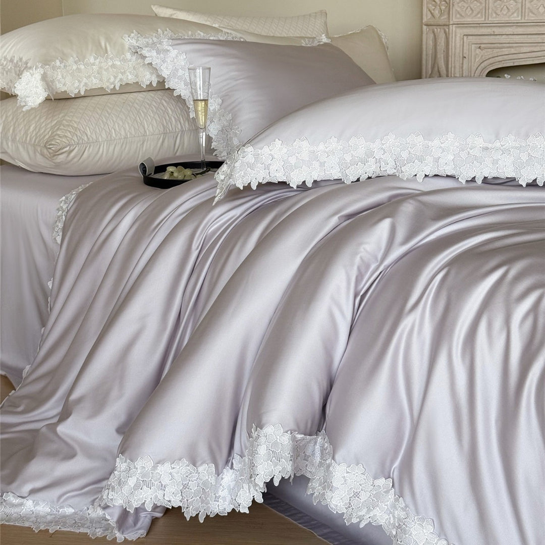 Silky Satin Duvet Cover Ensemble with Scalloped Floral Lace Border and Pillow Shams