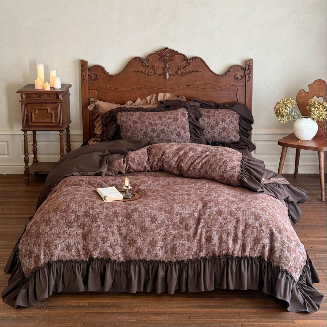 Floral Jacquard Ruffled Duvet Cover Set with Tailored Ruffle Hem