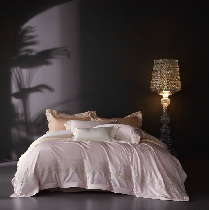 Luxury Satin-Feel Embroidered Lace-Trim Bedding Duvet Comforter Set