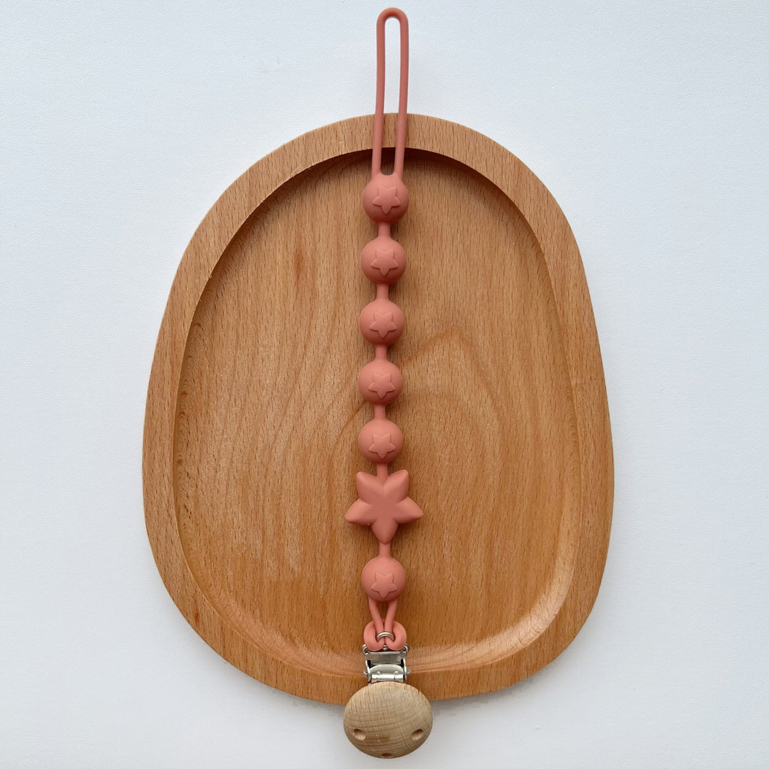 Silicone Star-Bead Pacifier and Teether Clip with Wooden Safety Clamp
