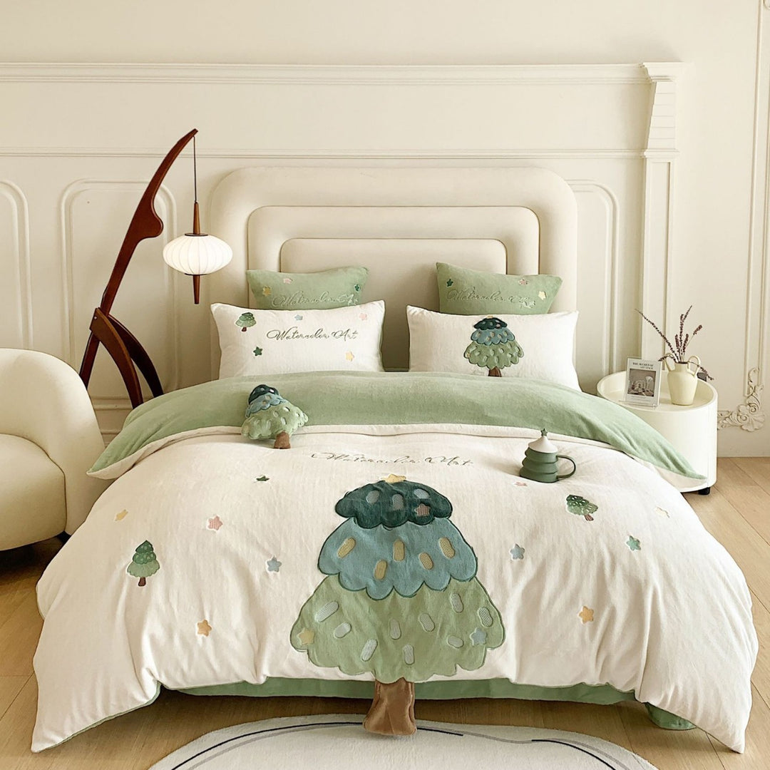 Quilted Embroidered Tree Applique Cotton Duvet Cover Set with Plush Decorative Pillowcases