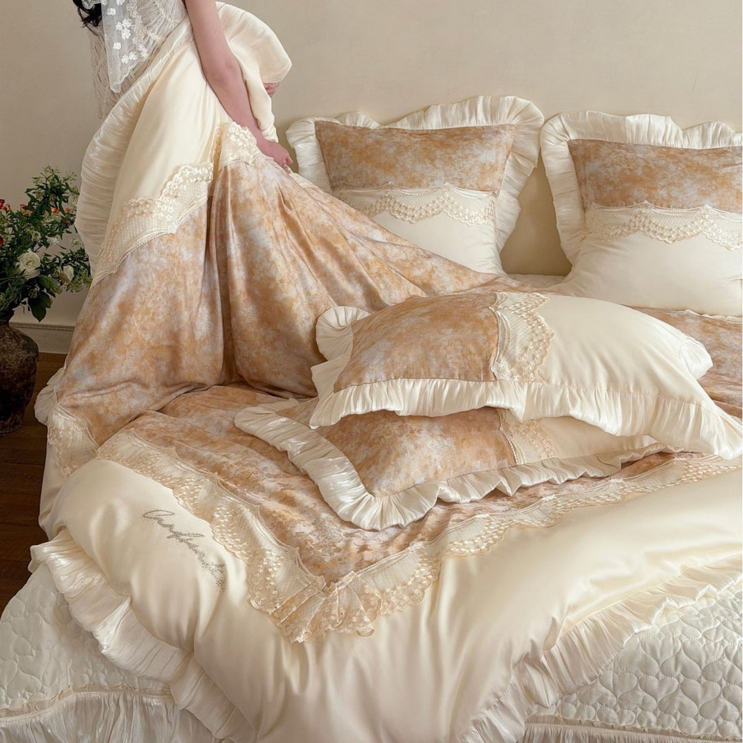 Luxurious bedding set with ruffles and lace trim