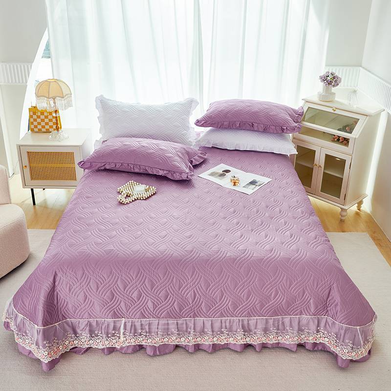 Quilted Ruffled Bedspread Set with Floral Embroidered Skirt and Pillow Shams