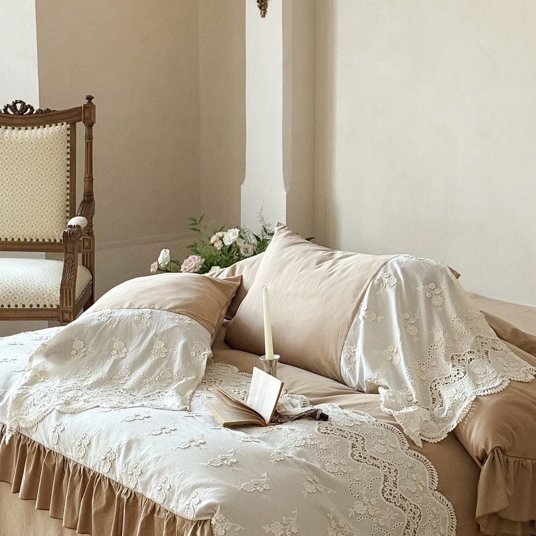 Vintage-Inspired Embroidered Lace-Trim Duvet Cover & Ruffled Bedskirt Set