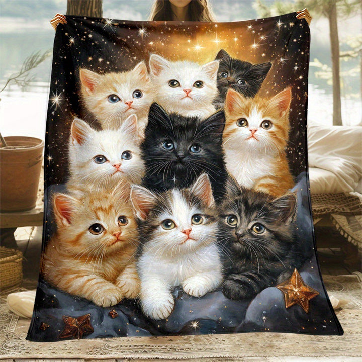 Fleece Blanket Featuring Illustrated Kittens
